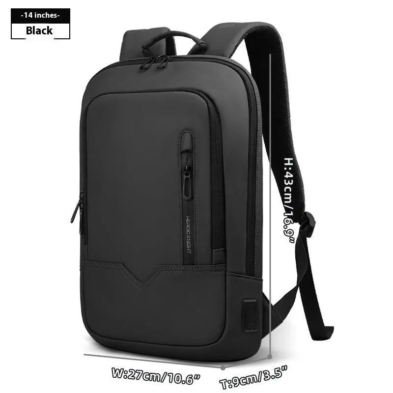 Men's lightweight polyester laptop backpack with USB port in black, shown in 14-inch size.