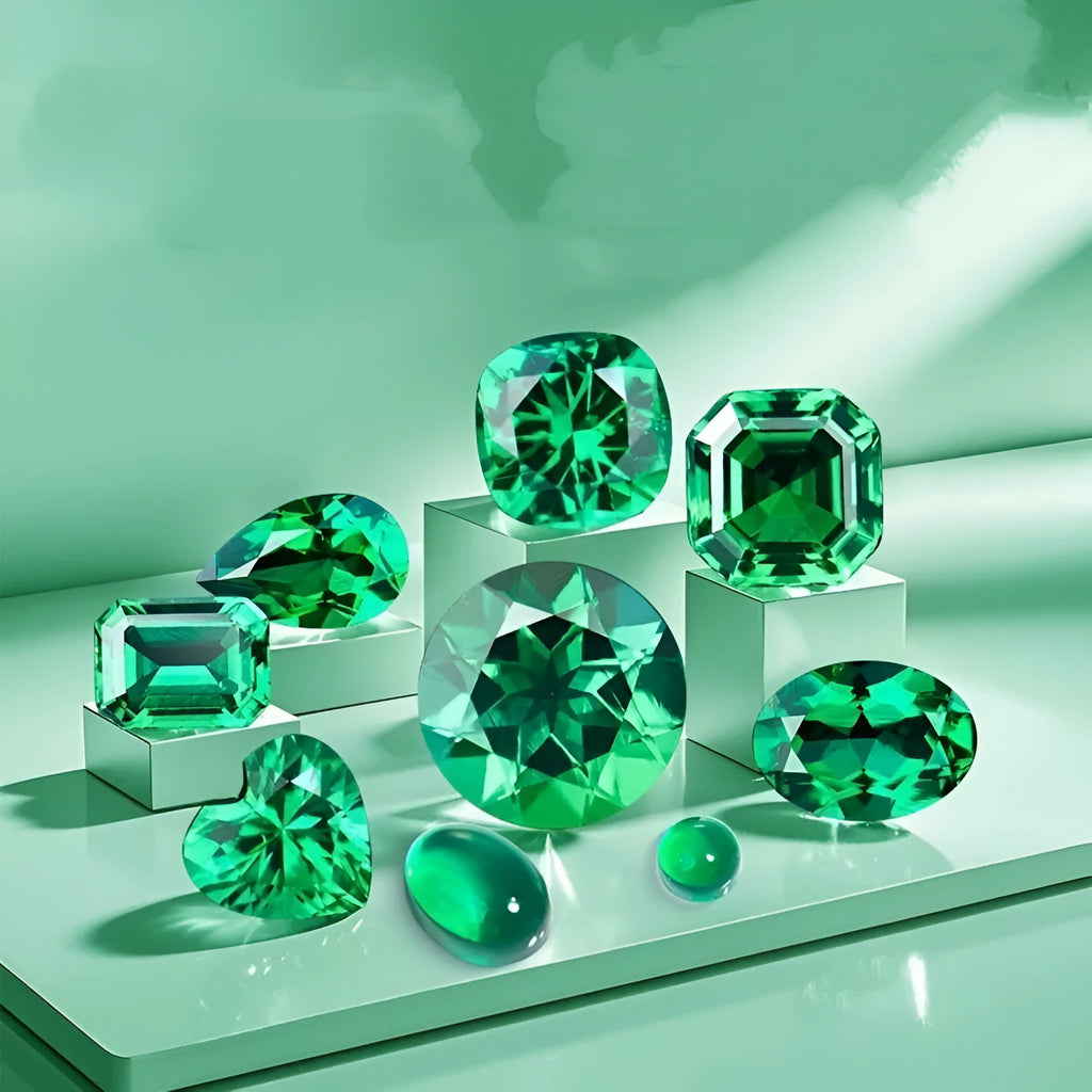 Cultivated emerald gemstones in Columbia green colour showing round, oval and emerald cut examples