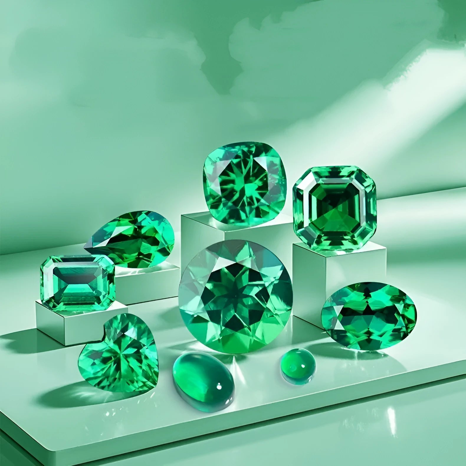 Cultivated emerald gemstones in Columbia green colour showing round, oval and emerald cut examples