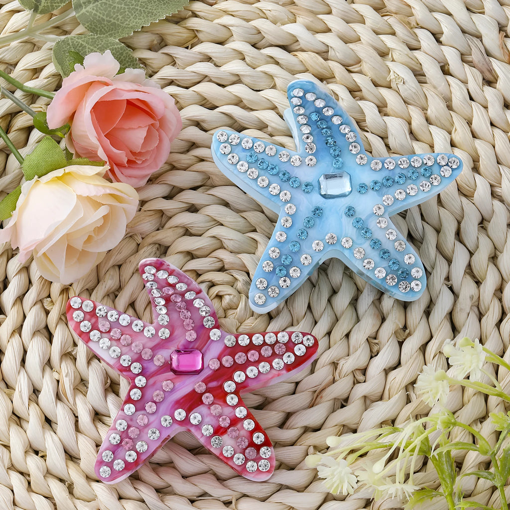 Acrylic starfish diamond encrusted hairpin in blue and pink colour options