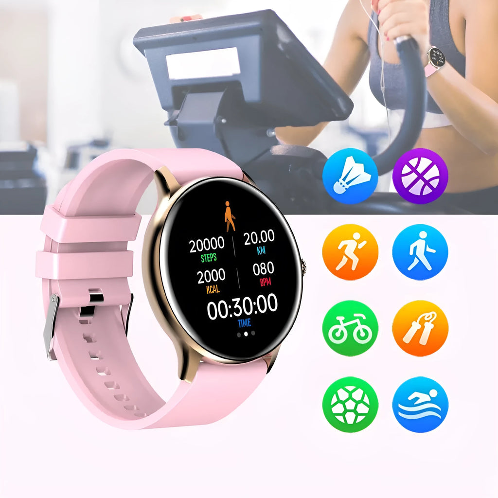 Black Bluetooth sports watch with blood pressure monitoring on a silicone strap, showing its 1.28-inch screen.
