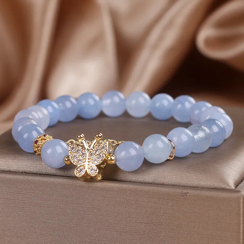 Sky blue butterfly crystal bracelet for women with pearl and rhinestone details