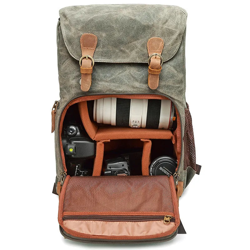 Solid colour canvas DSLR camera backpack in Army Green, shown as a multi-functional storage bag.