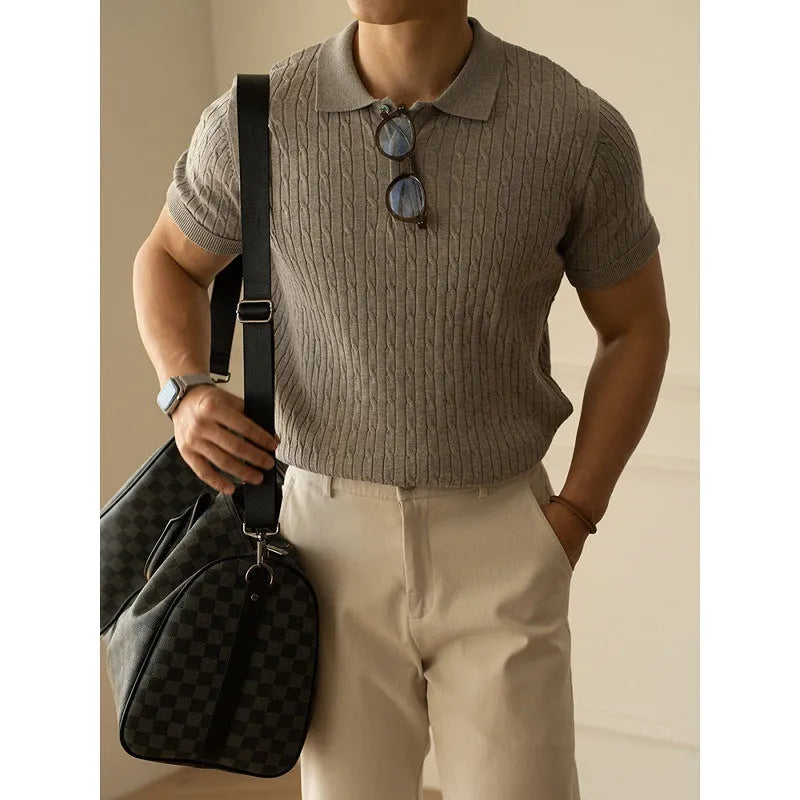 Men's short sleeve casual polo top in khaki colour, laid flat to show design.