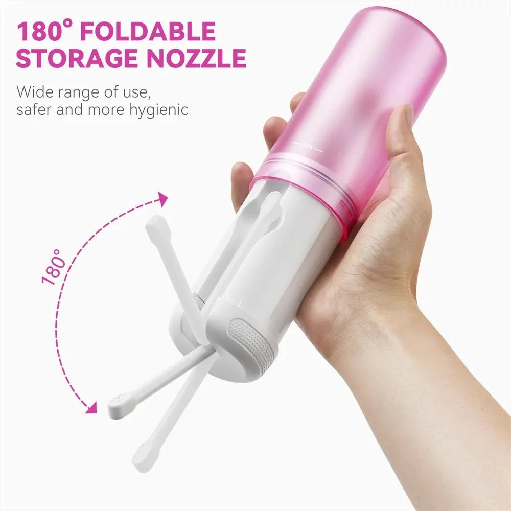 Portable electric oral irrigator in White+Purple with 250ml cup, LED screen, and Type-C charging port on a storage base