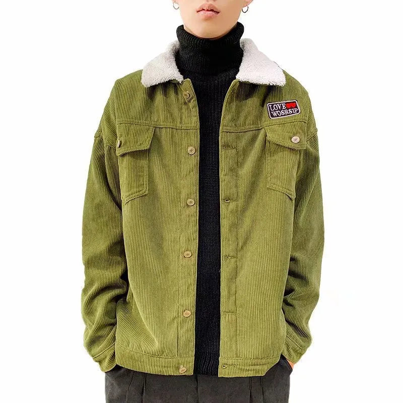 Men's loose-fit corduroy workwear jacket in khaki, shown with side stick pockets.