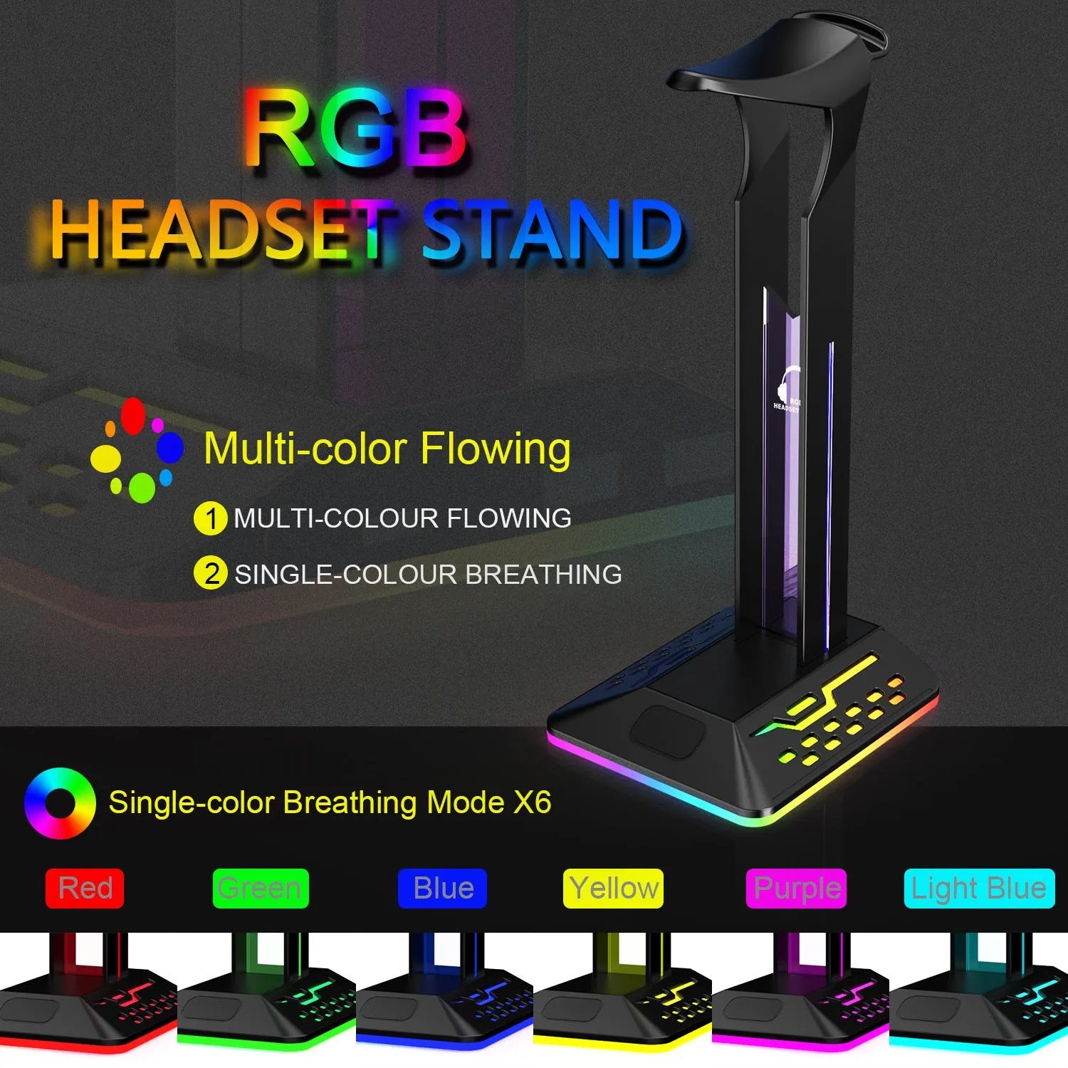 RGB colour-changing headset display bracket with integrated dual USB ports on the base.