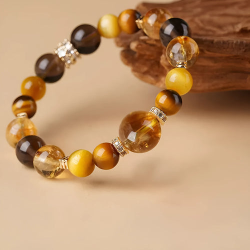 Natural yellow tiger-eye crystal bracelet with geometric design in 10mm or 12mm size