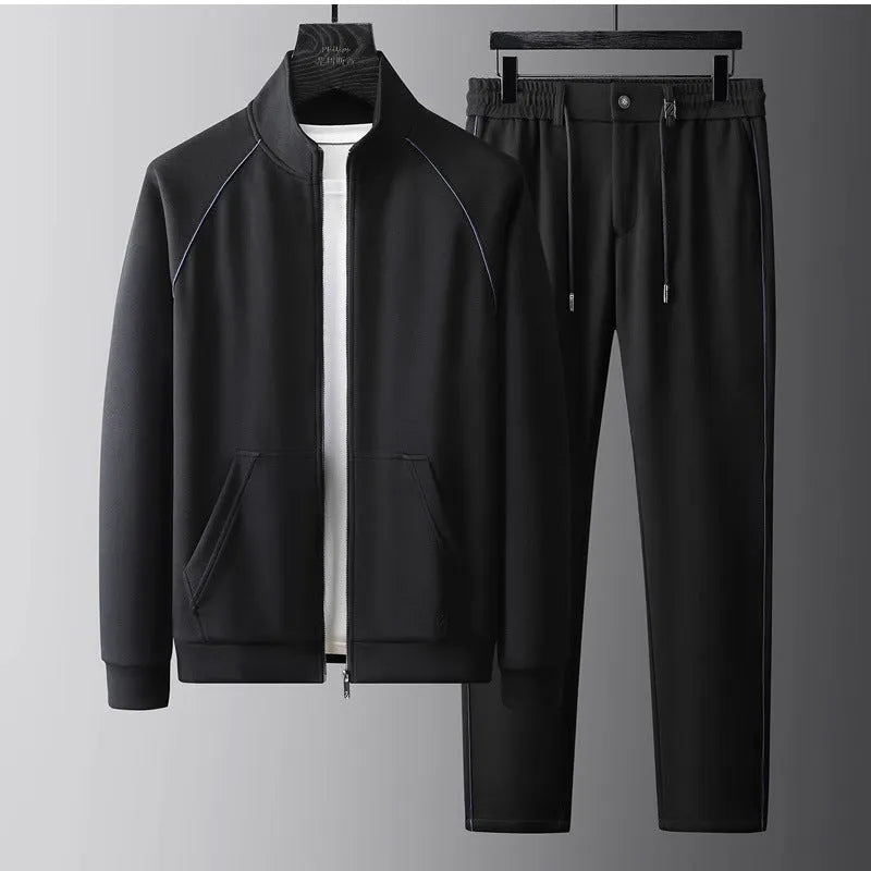 Men's stand collar casual sports suit jacket and trousers in slim fit.