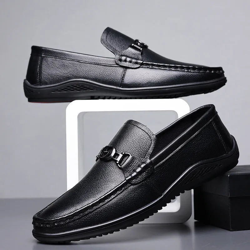 Men's leather casual shoes with rubber sole, round toe, breathable design, black or brown, sizes 38 to 48