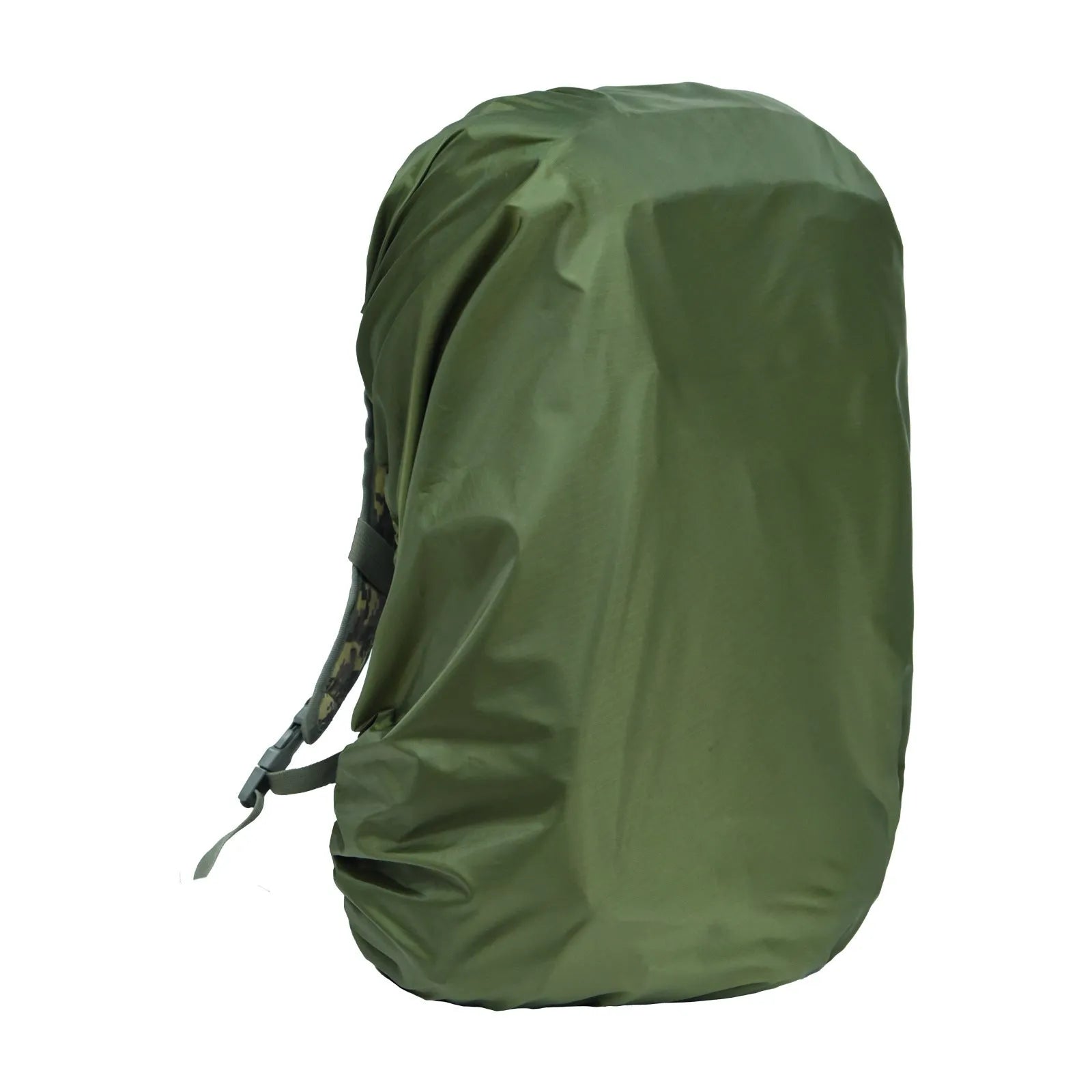 Army green waterproof Pu material rain cover fitted over a large backpack for outdoor use.