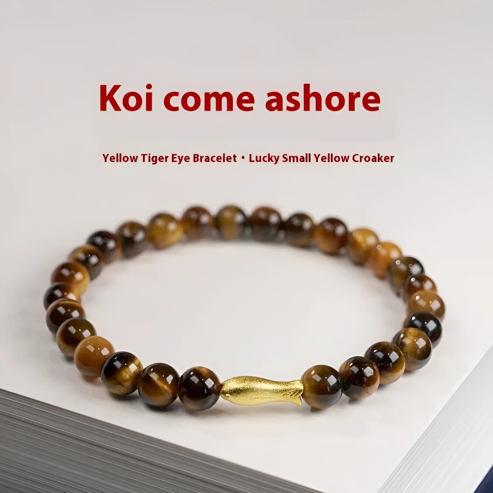 Tigereye small fish pendant handmade beaded bracelet with natural stone beads in 6mm size