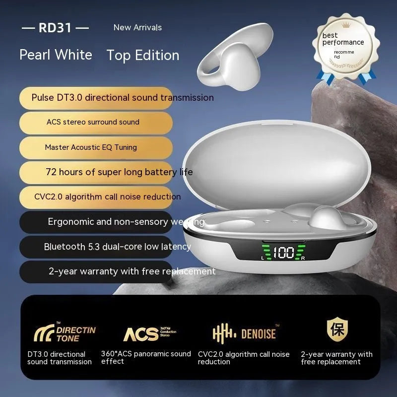 Clip-on Bluetooth earphone with comfortable wear, available in black, white, and skin colour, featuring 8-hour battery and waterproof design