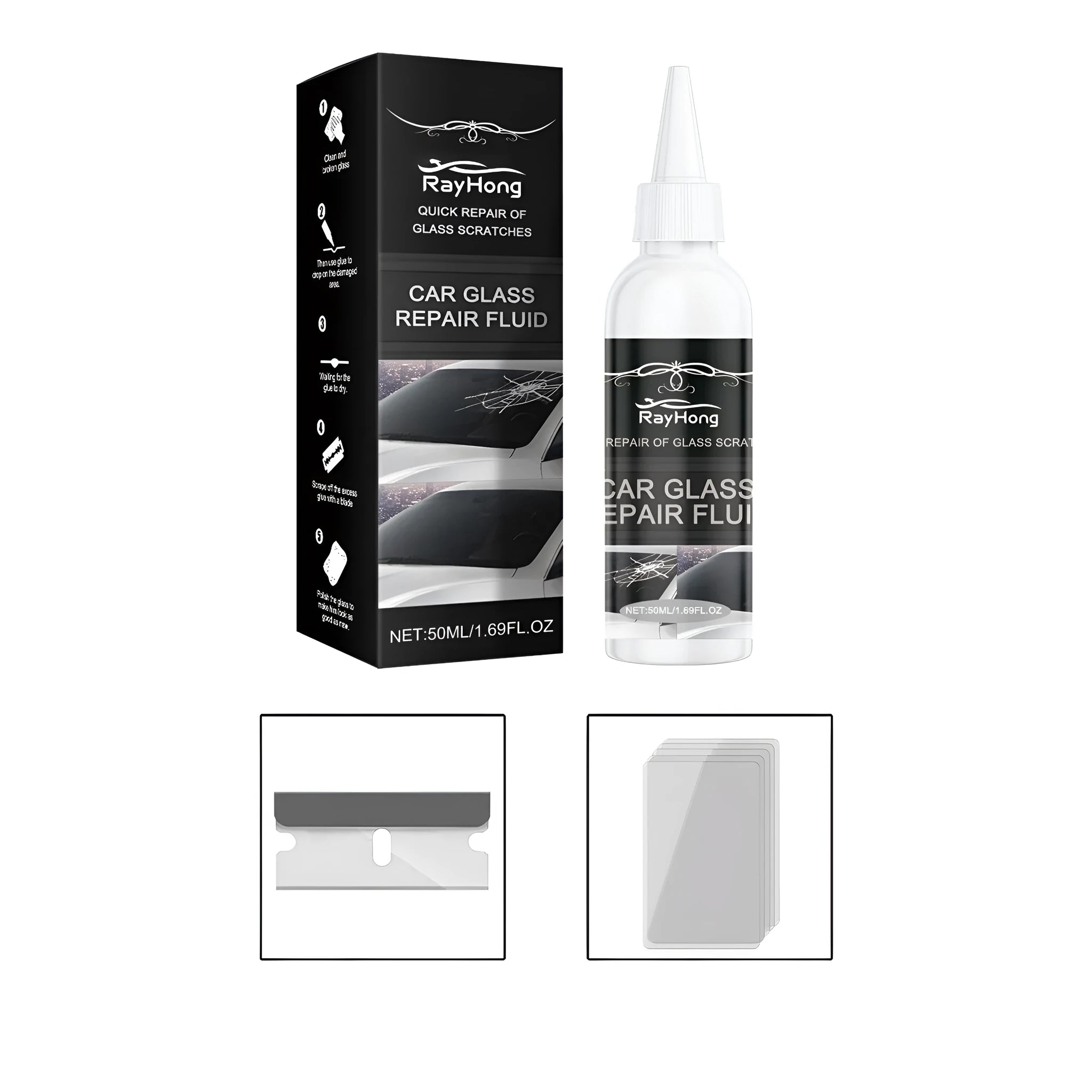 50ml car glass repair adhesive kit with bottle, blade, and five curing films