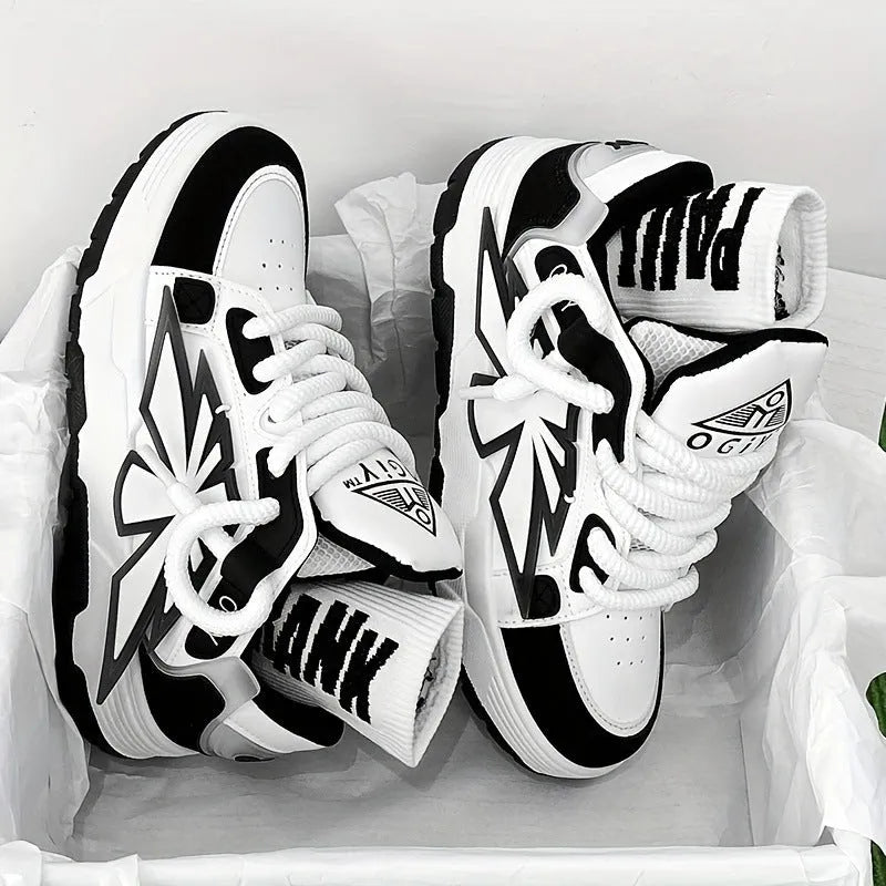 Men's thick-soled chunky sneakers in black with a round toe and front lace-up design.