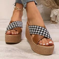 Brown and black plaid wedge sandals with plastic upper and rubber sole in European sizes 34-43