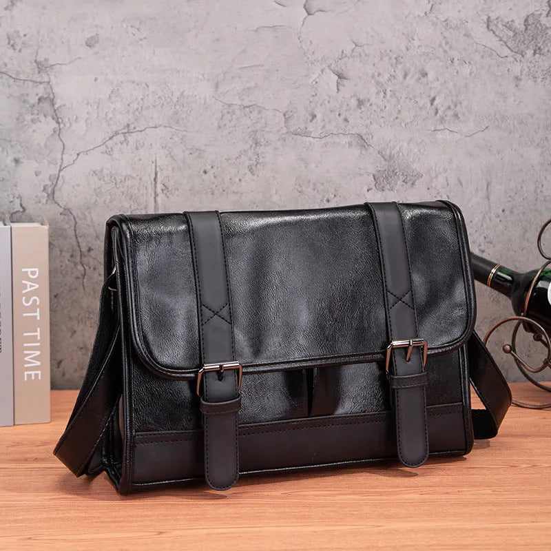 Black Korean style men's commuter backpack with anti-theft features and visible sewing thread detailing