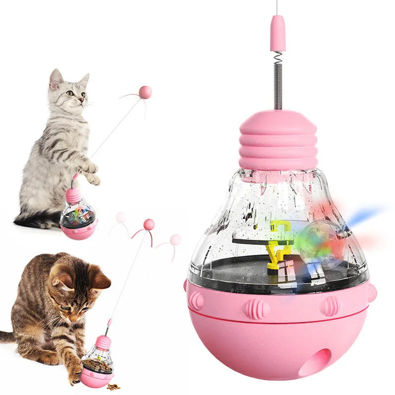 Rope green and yellow interactive cat wand toy with a teaser stick and a wobble base containing a slow feeder.