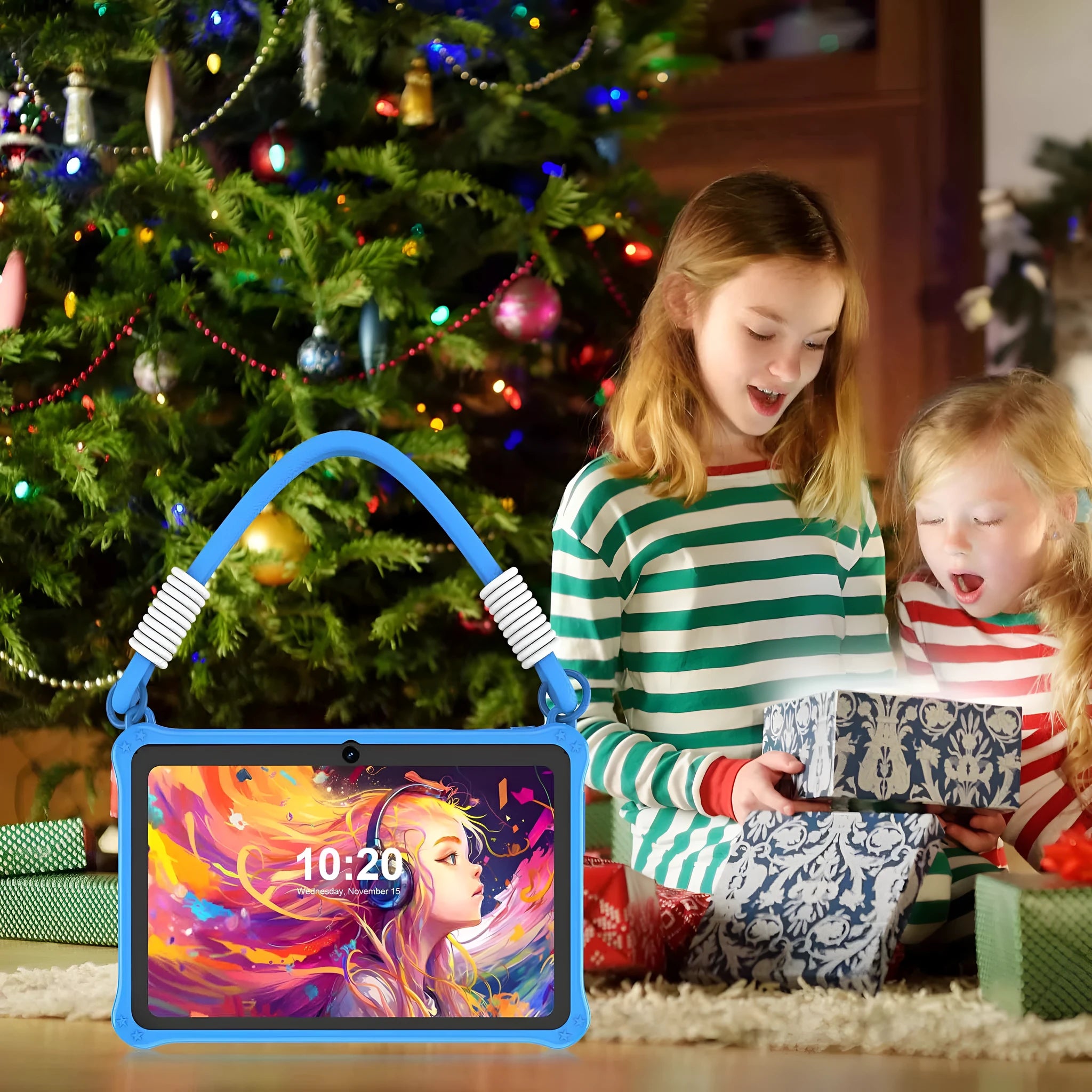7-inch children's silicone tablet case with flat strap in sapphire blue and dark pink colours