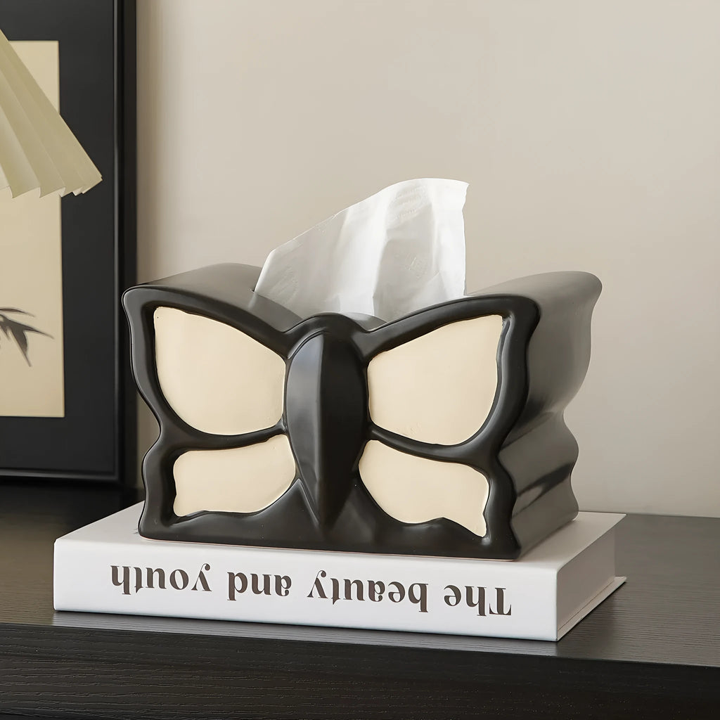Ceramic butterfly-themed vase and matching waterproof tissue box set for living room decor.