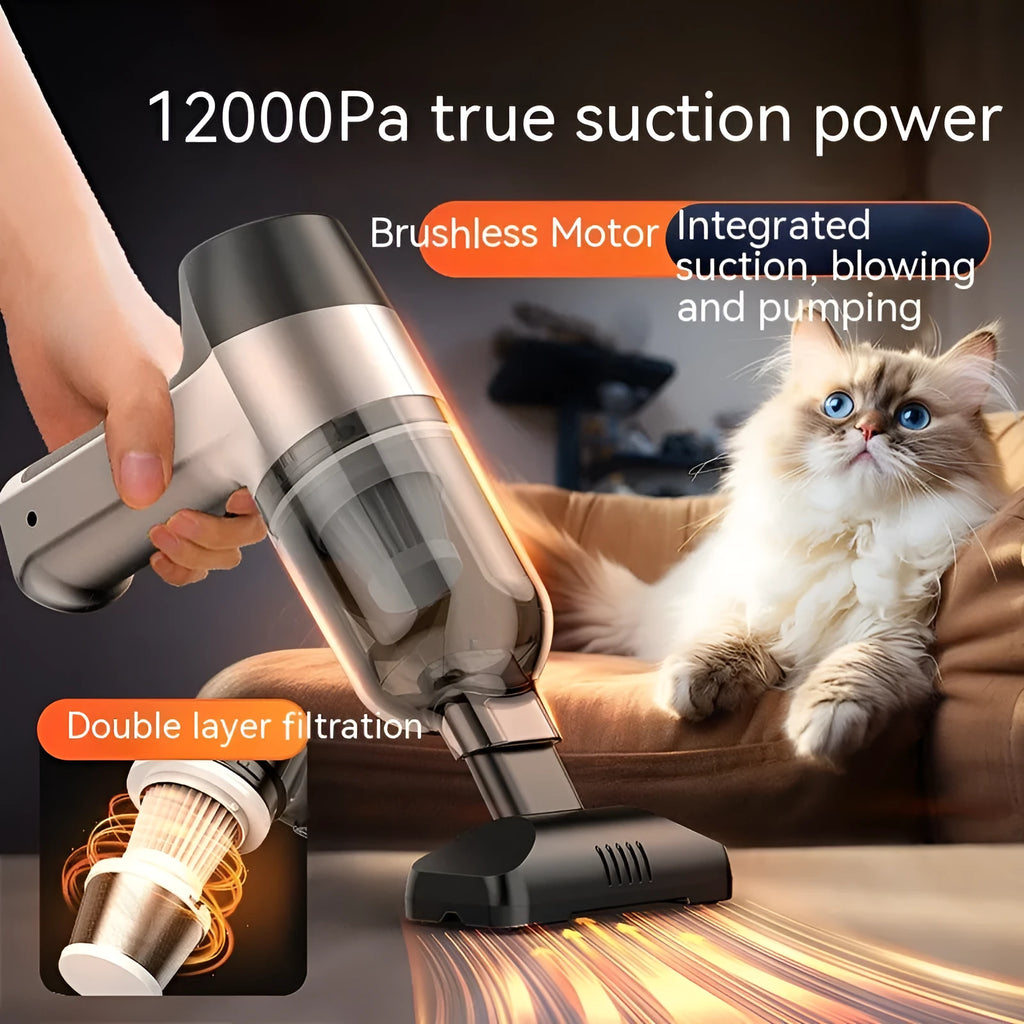 Wireless handheld car vacuum cleaner with multiple brush and nozzle attachments stored in aviation bag