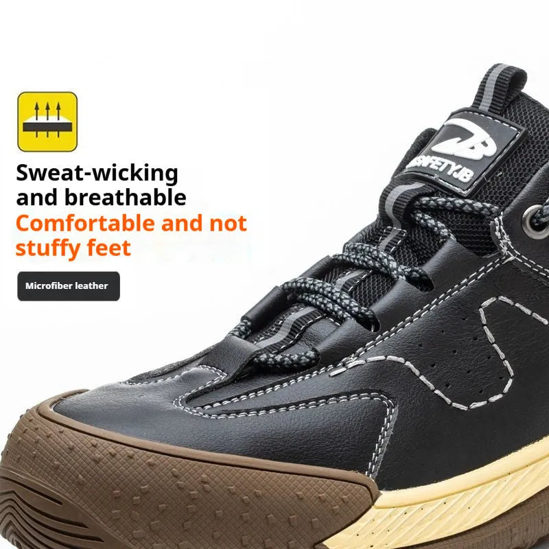 Flyknit leather safety work shoe with rubber sole, shown in black colour.