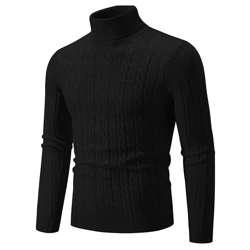 Man wearing a beige slim-fit chenille turtleneck sweater with a twist stitch texture.