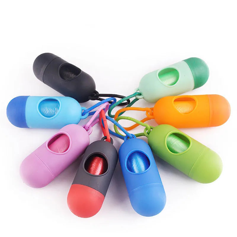 Small plastic dog poop bag dispenser with a side hook and Velcro strap in assorted colours.