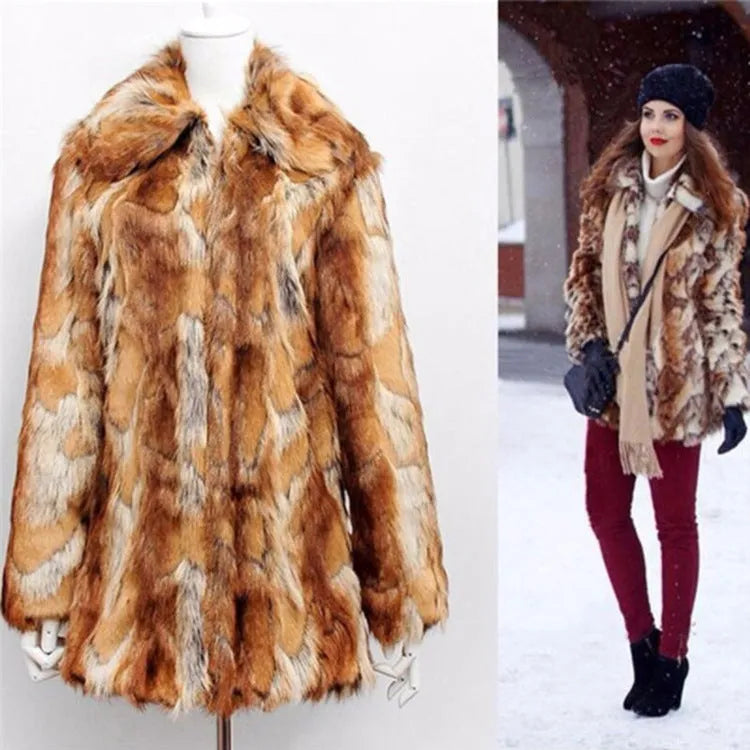 Women's slim-fit faux fur jacket with a bold tiger pattern, shown in a medium length.