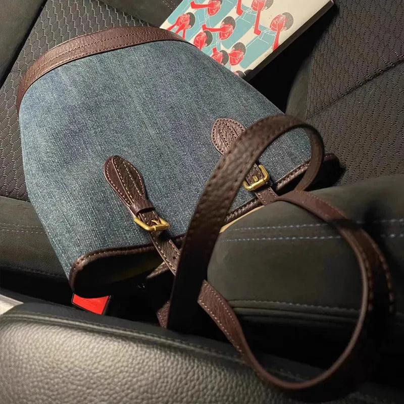 Retro denim patchwork one-shoulder bucket handbag in denim colour.