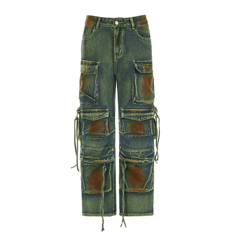 Loose blue denim cargo trousers with multi-pockets in a retro colour gradient.