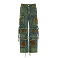 Loose blue denim cargo trousers with multi-pockets in a retro colour gradient.