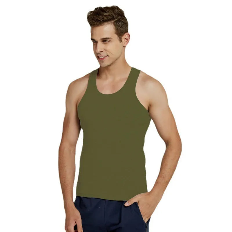 Men's pure cotton slim fit sports vest in white, front view, available in multiple colours and sizes