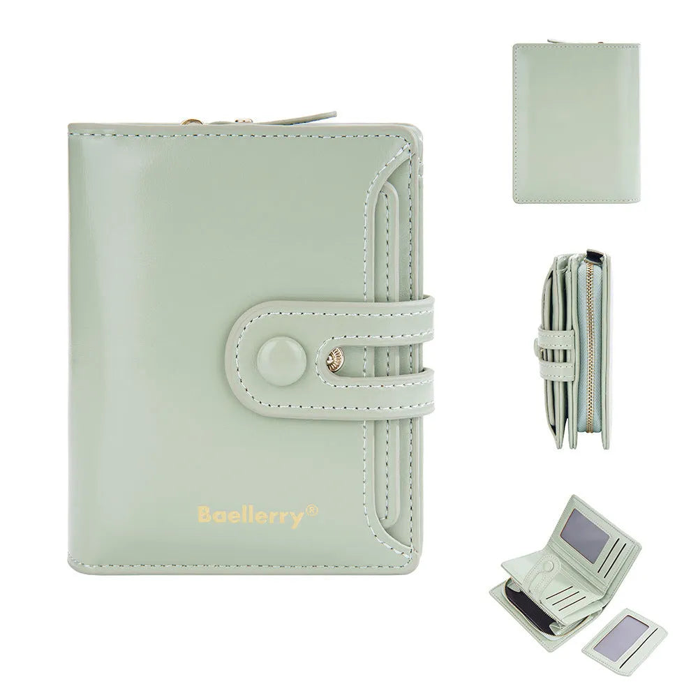 A compact PU leather women's wallet in one of eight available colours, showing a card holder design.