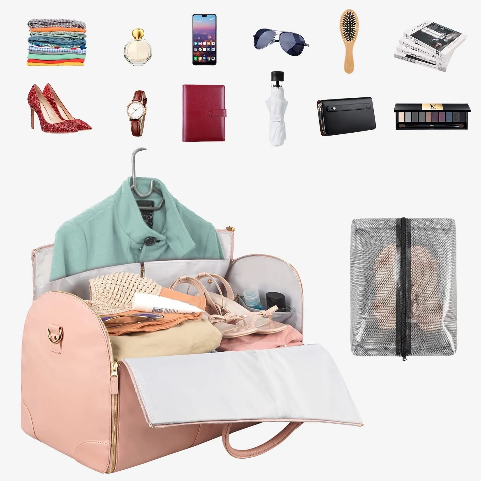 Large capacity waterproof travel duffle bag for women in pink, foldable PU material with contrast stitching and lock detail