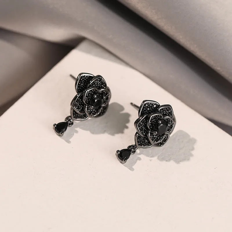Black rose zircon flower-shaped stud earrings with 18K gold plating
