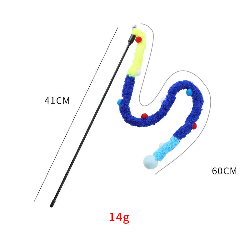 Blue green or pink cat wand toy with plush strip and bell for interactive indoor play