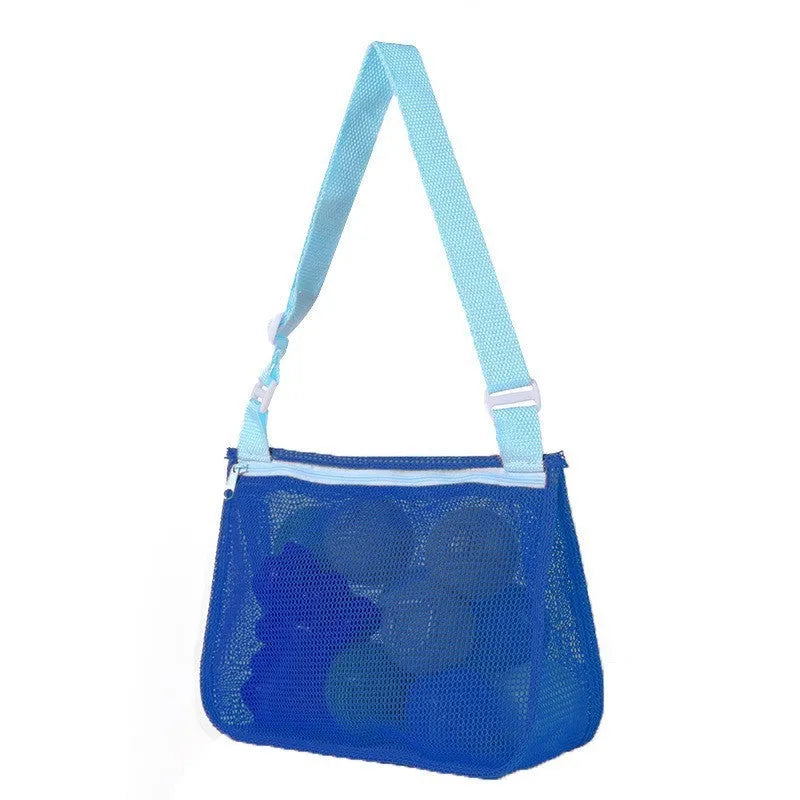 Blue nylon mesh travel storage bag with black handle and zip seal for children's clothing organisation