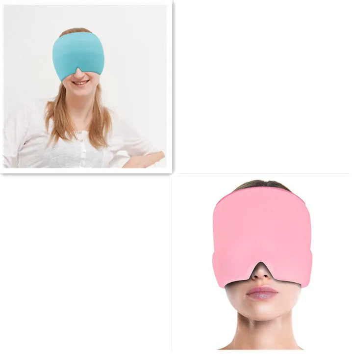 Black elastic cloth gel ice headache relief eye mask showing adjustable headband and cooling gel construction