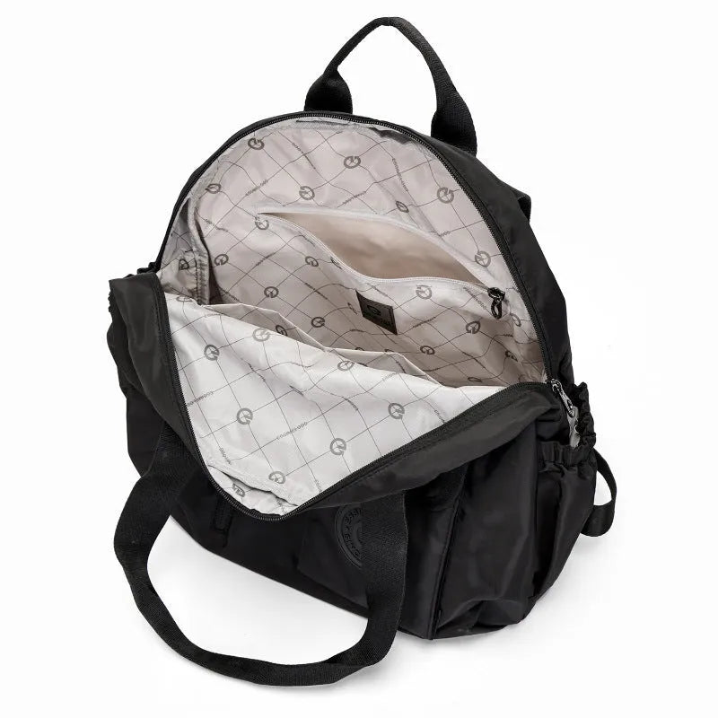 Lightweight large capacity nylon backpack for women in black, khaki, or green letters, showing sandwich pocket.