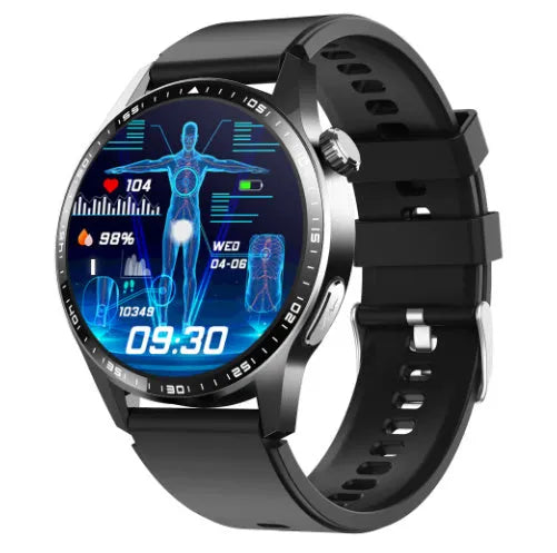Black smart watch with IPS multi-touch screen, ECG blood glucose monitoring, and Bluetooth calling