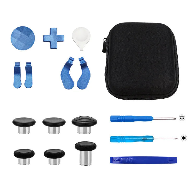 Xbox Elite 2 controller metal rocker thumbsticks and cross key replacement kit in blue with tools and storage bag