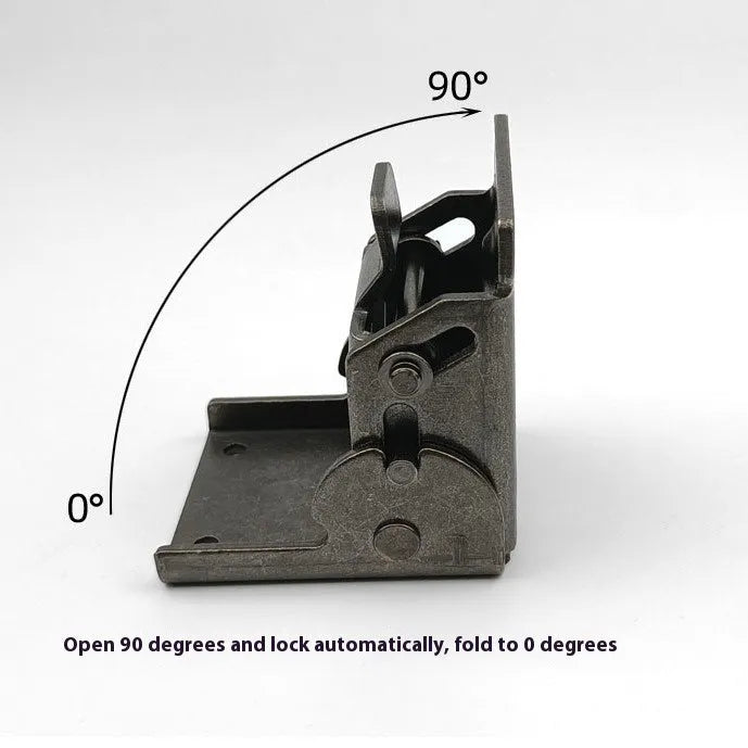Folding hinge for furniture with adjustable 0 to 90 degree angle and self-locking mechanism.