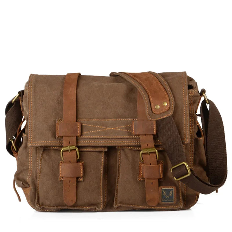 Men's retro-style canvas crossbody bag with cowhide trim in army green, showing flap closure and shoulder strap.