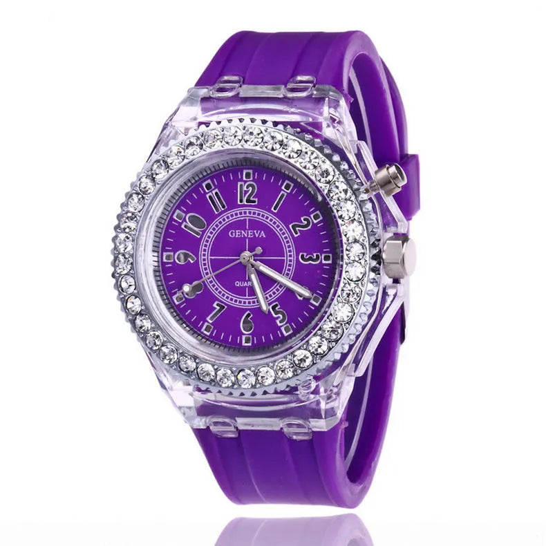 Geneva women’s LED luminous quartz watch with silicone strap, 43mm round alloy case, and pin buckle