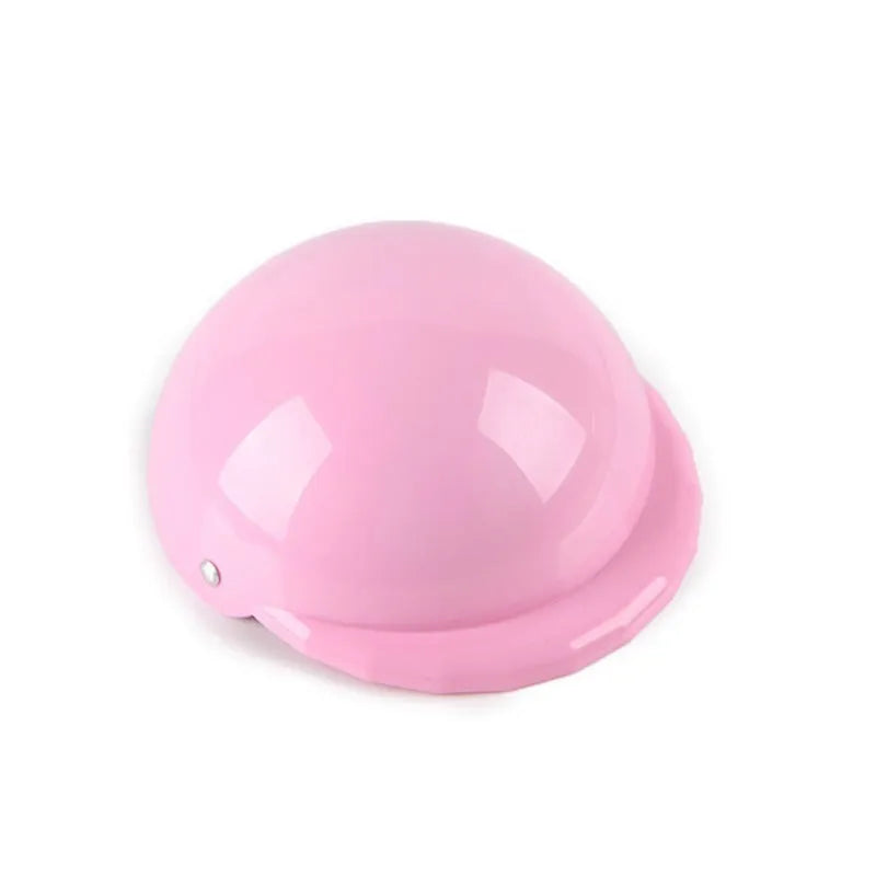 Plastic dog motorcycle helmet cap in pink colour showing Japanese Korean style design with size measurement