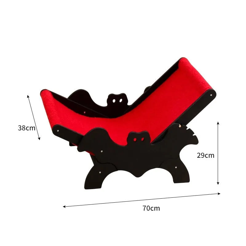Black and red Halloween-themed wooden cat recliner bed with slatted frame.