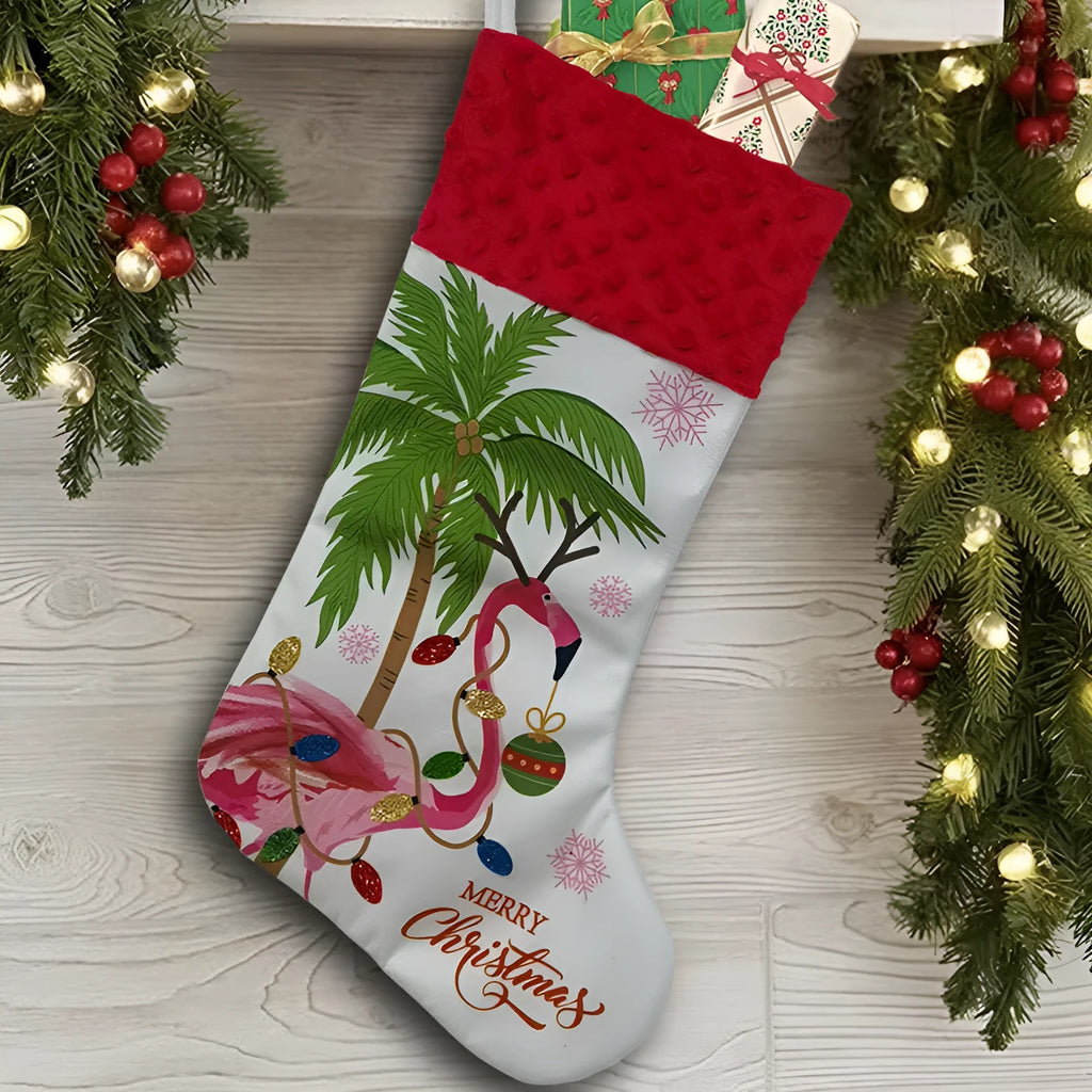 Large red flamingo-themed cloth Christmas stocking hanging for decoration