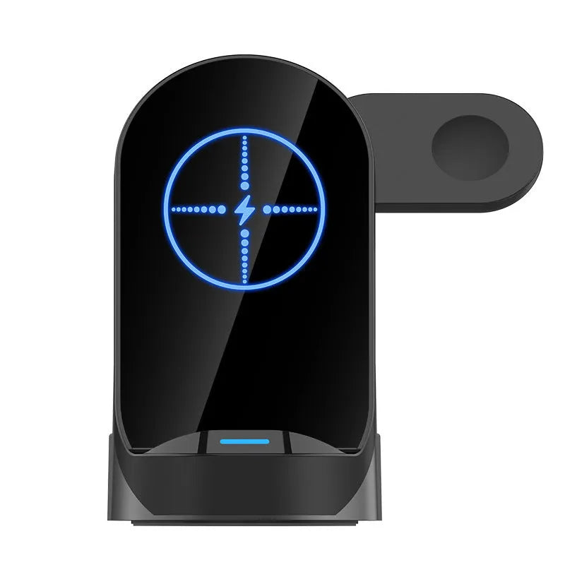Black-grey foldable 3-in-1 wireless charging stand holding a phone, smartwatch, and earbuds case upright.