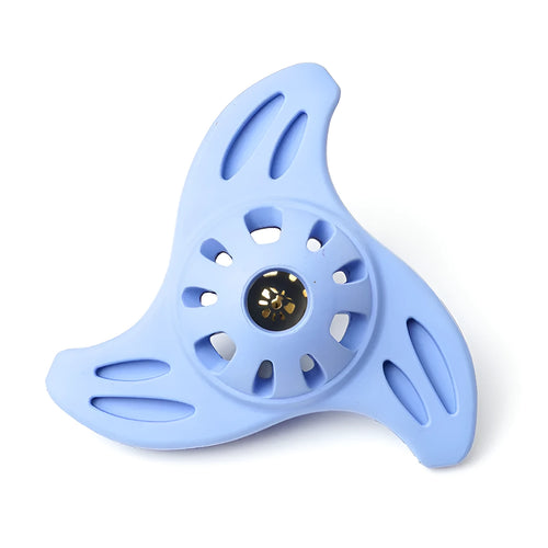 Blue boomerang-shaped dog toy for medium and large breeds on white background